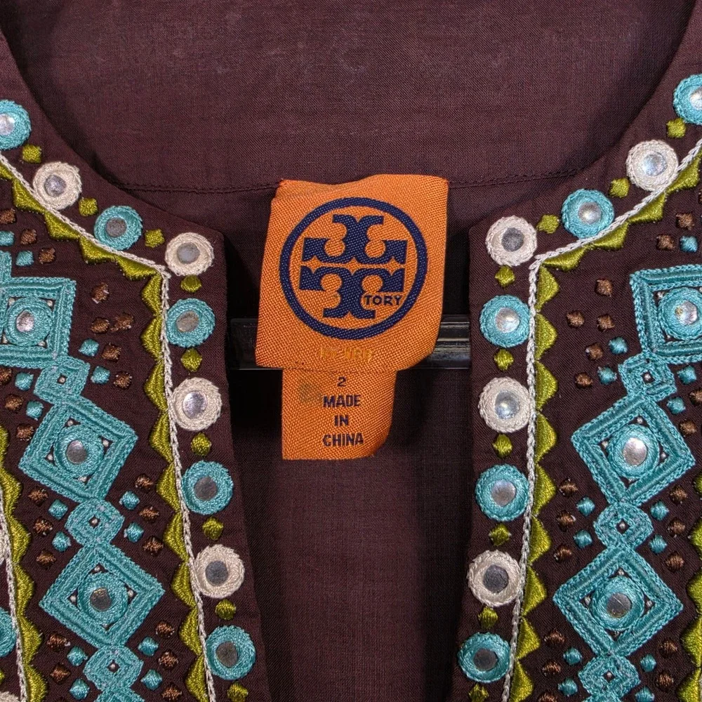 Tory Burch Tunic Women 2 Brown Boho Coastal Festival Embroidered Blue Resortwear
